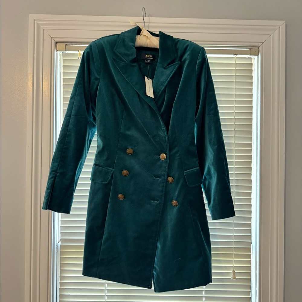 Anthropologie Green Double-Breasted Velvet Blazer Dress